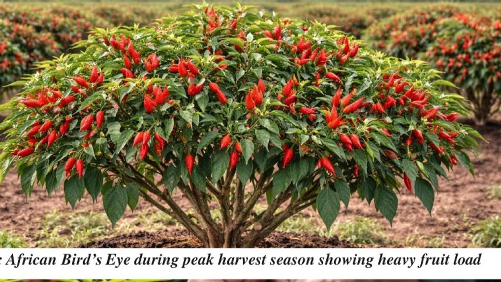 African Bird's Eye Chili peak harvest season showing heavy fruit load